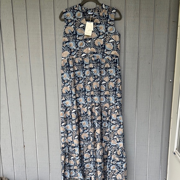 Boho Tiered Maxi Dress Blue and Cream Karma East Small - Picture 1 of 7